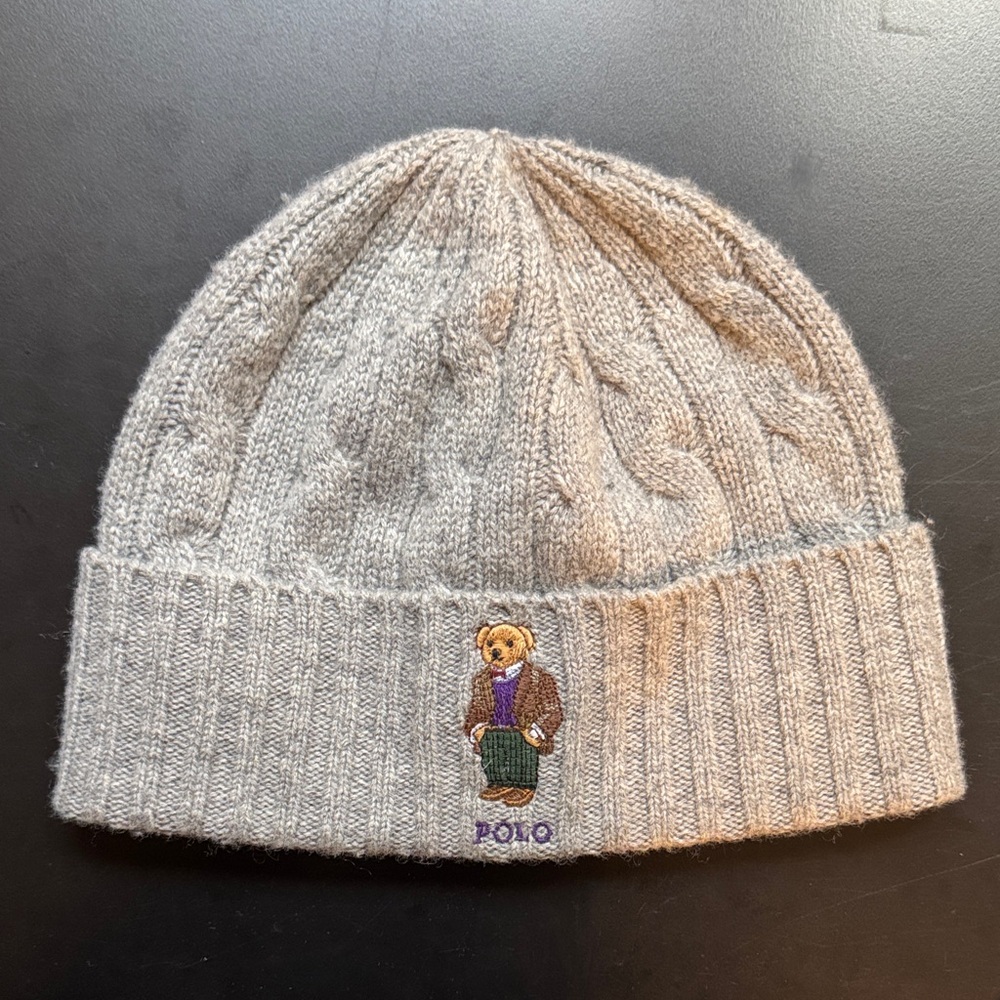 Polo by Ralph Lauren Grey Cable Knit Beanie with Bear